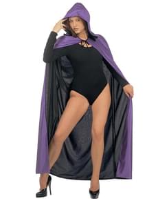 Mantello reversibile con cappuccio nero e porpora